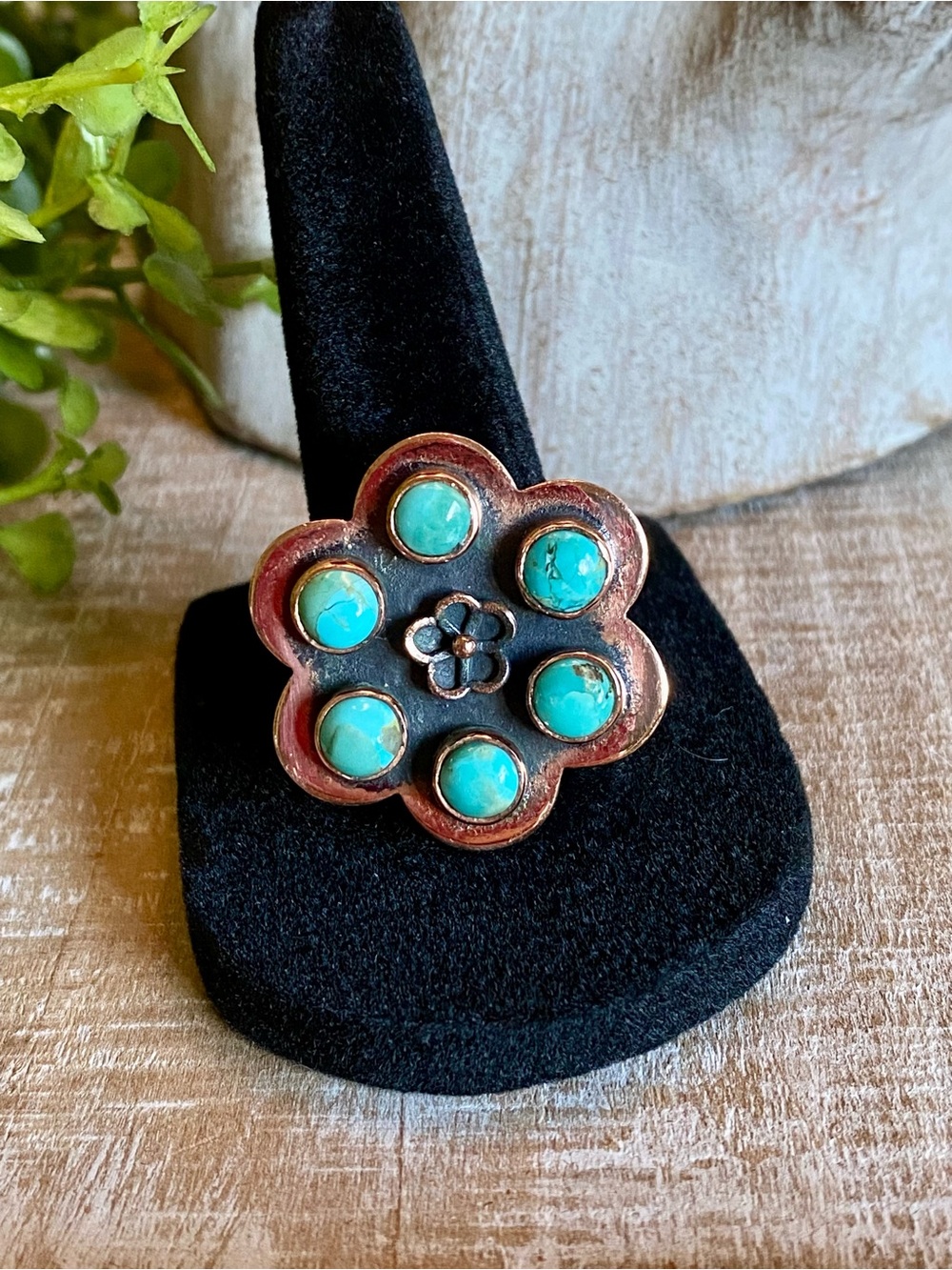Turquoise copper flower ring southwestern boho rodeo sz 9 (ADJUSTABLE 6-10) - Picture 2 of 9